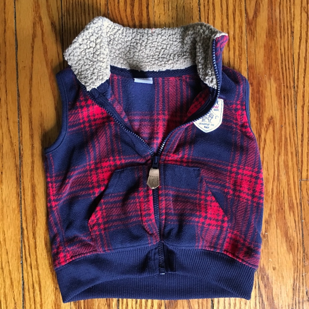 SOLD - Boys Red Blue Fleece Vest Shearling Collar